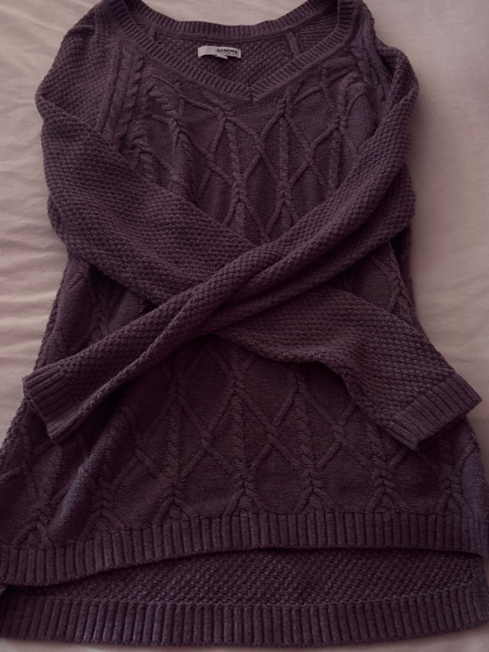 SONOMA Women's V-Neck Cable Knit Sweater in Deep Purple